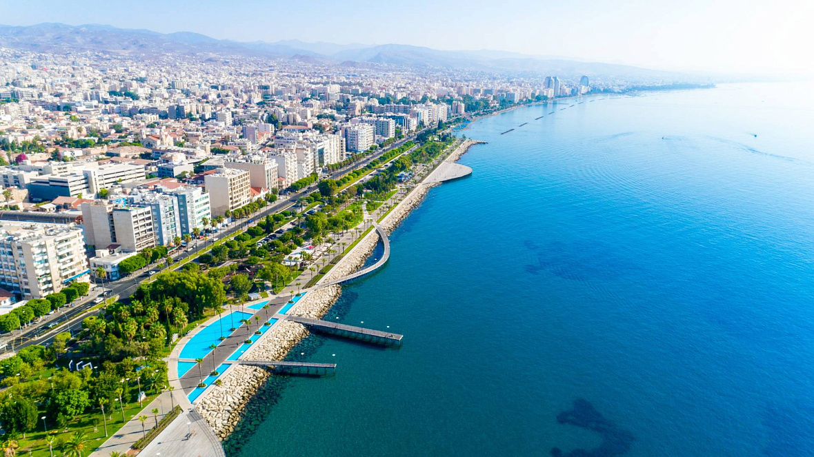 Limassol Cyprus coastline business district showing the Mediterranean city that serves as the EU largest ship management centre and business hub for international companies