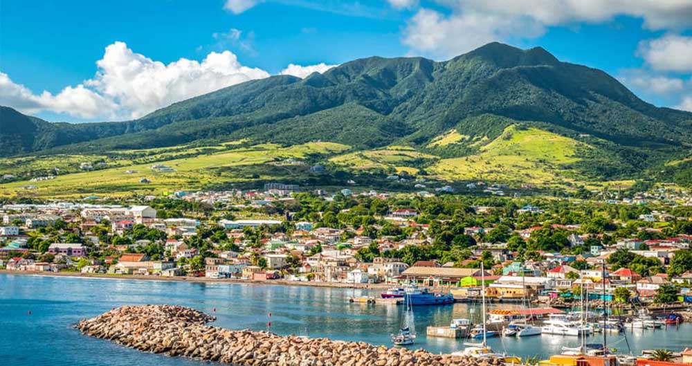 Aerial view of St. Kitts and Nevis Caribbean island — the home of the world's oldest citizenship by investment program, established 1984