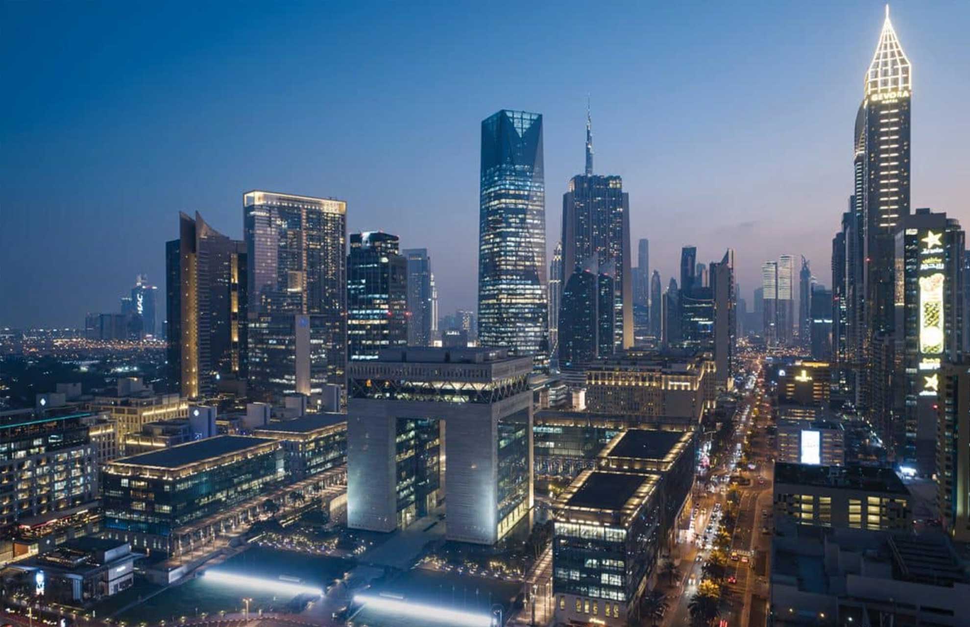 Dubai International Financial Centre DIFC skyline representing the UAE's approach to beneficial ownership — confidential registers compliant with FATF standards and no public access to ownership information
