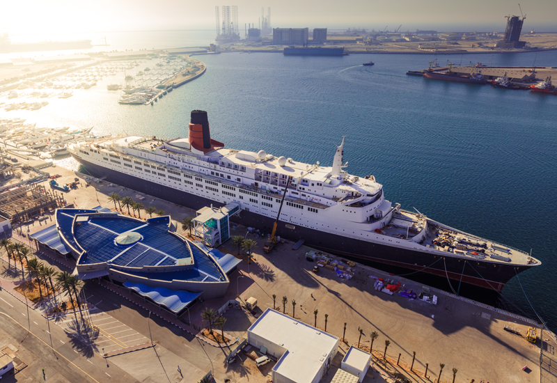 Queen Elizabeth 2 ship permanently docked at Mina Rashid Dubai as hotel and free zone